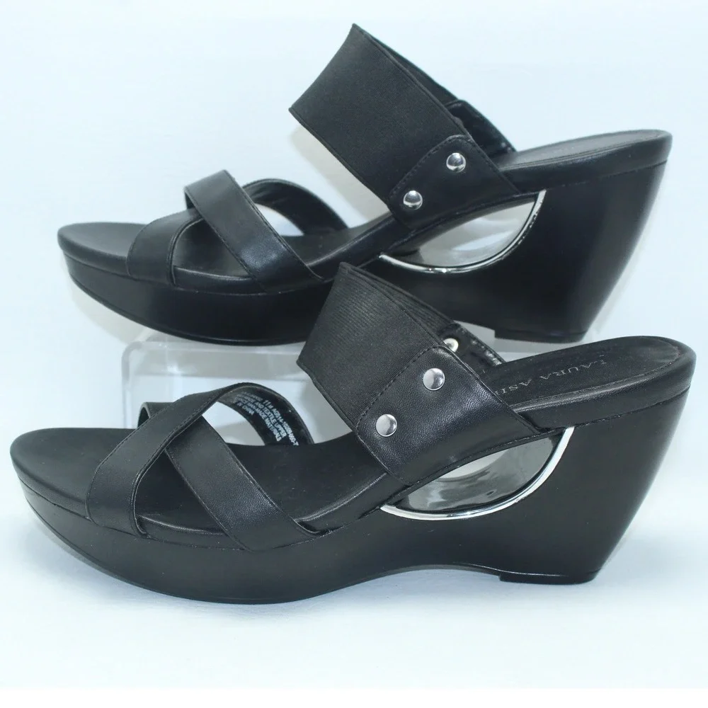 Laura Ashley Black Cutout Wedge Platform Sandals LA-ALBANS2 Silver Trim Mens 11M